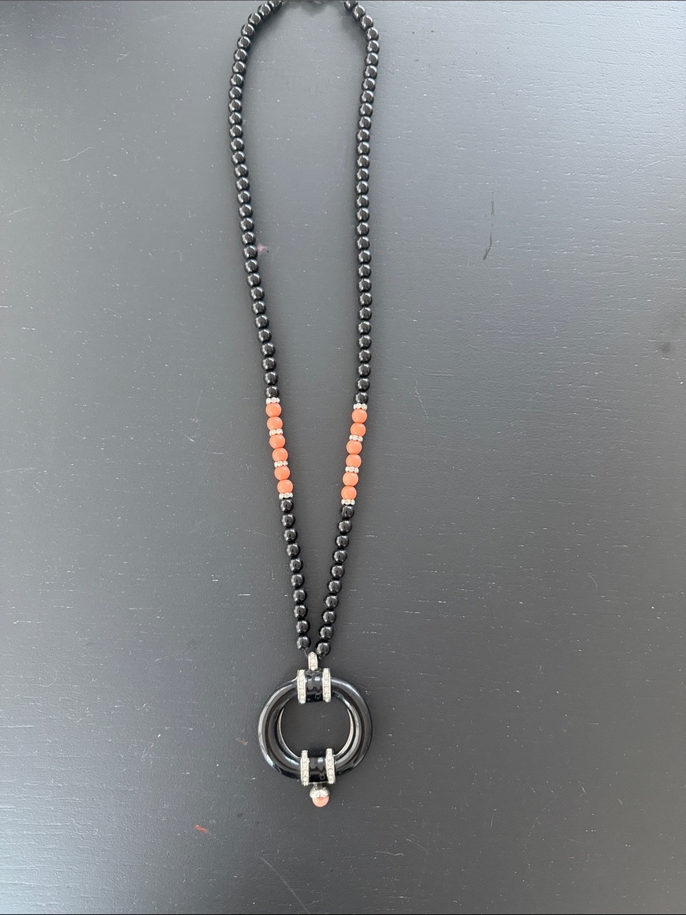 VNT Black, Rhinestone and Coral Beaded Pendant Necklace